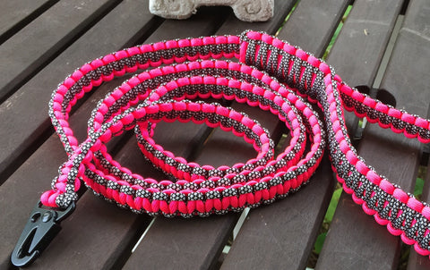 6ft. Paracord Dog Leash, Neon Pink & Black Diamond